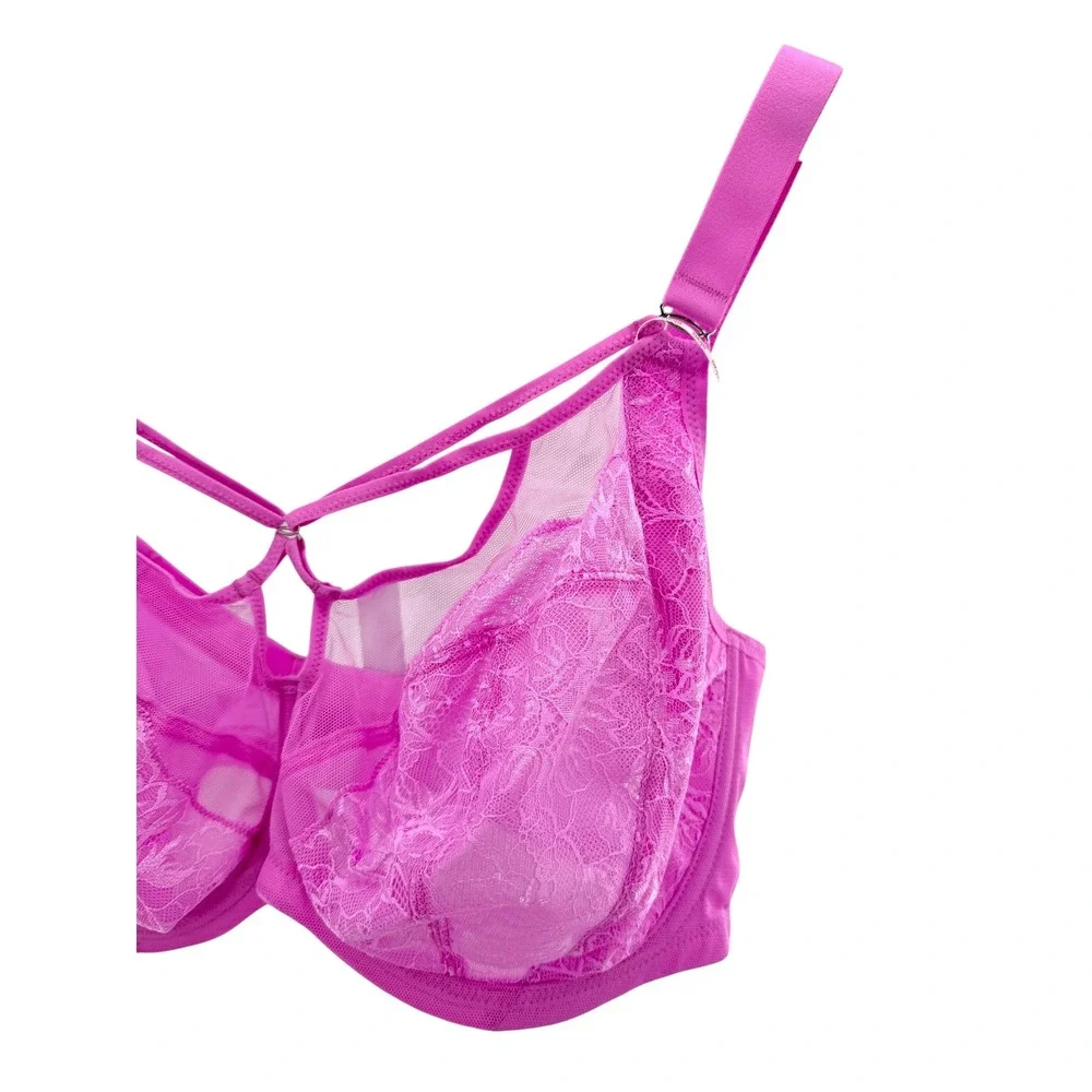 Elomi Brianna Plunge Bra 40H US 40FF Pink Strappy Lace Underwire EL8080VEK NEW